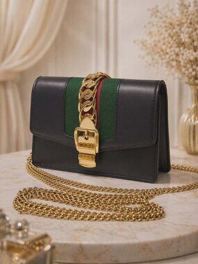 Authentic Gucci Sylvie Mini Chain Shoulder Bag Black Leather Web Stripe Gold